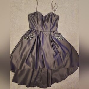 Juniors Strapless Gray Dress with Embellishments and pockets